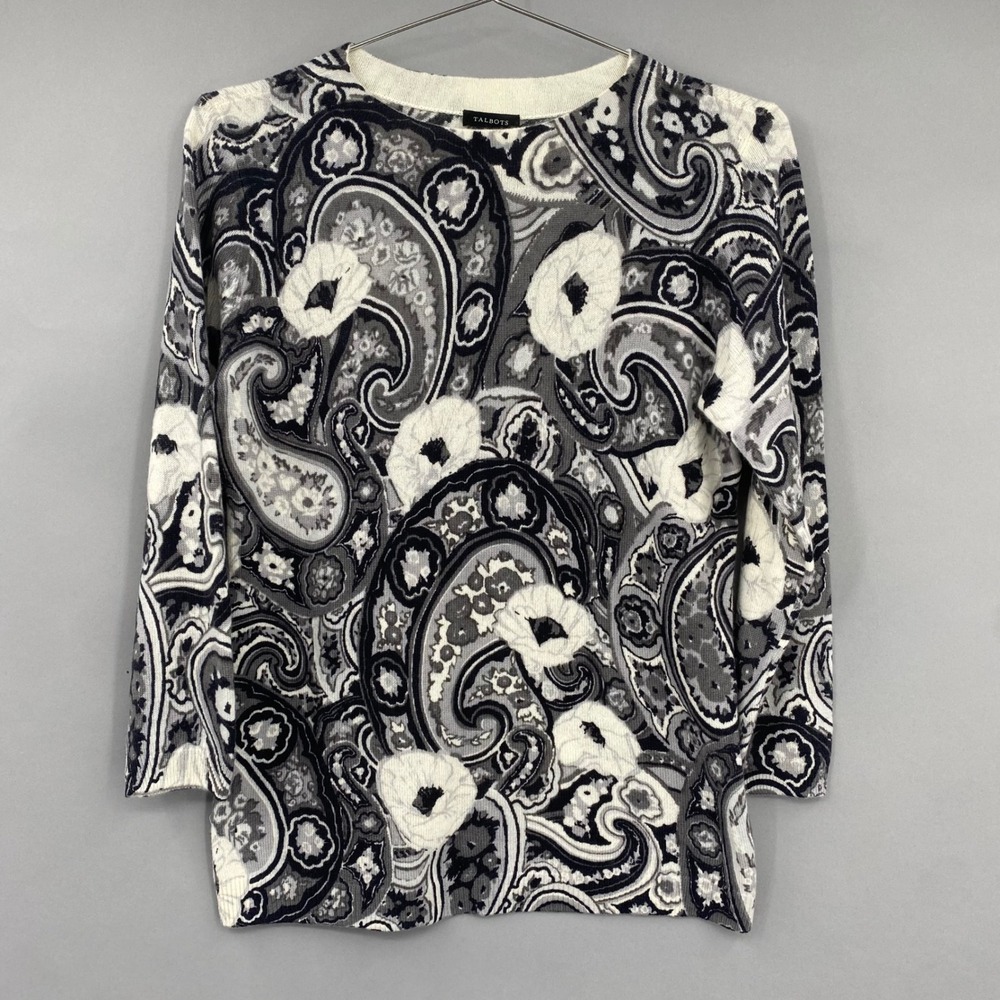 Talbots Pure 100% Cashmere Paisley Floral Crew Neck Sweater Sz Small Gray Swirl